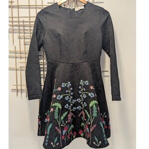 Black‎ Floral Embroidered Fit & Flare Dress Long Sleeve Jacquard Structured Sz S